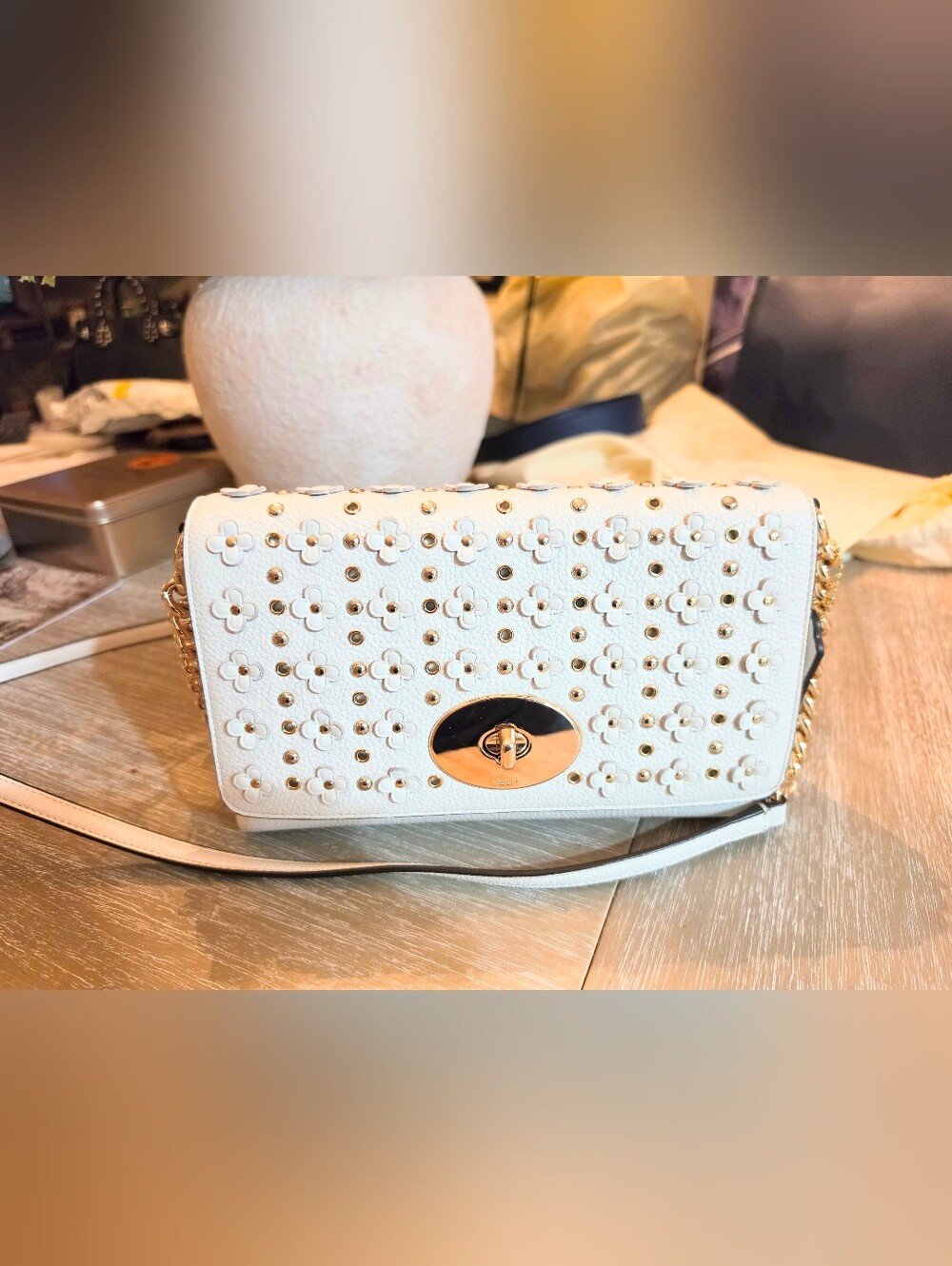 Coach White Floral Cutout Studded Crossbody Bag